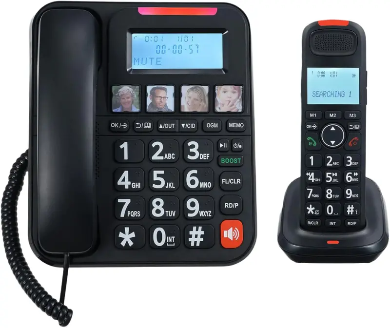 Gol Nom Hybrid Phone System: Expandable Corded Base + Cordless Handset With Voice-Activated Answering & Oversized Buttons – Black 1