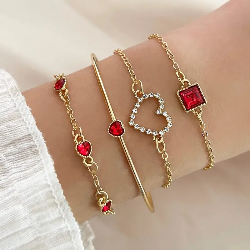 Minimalist Rhinestone Bracelet Set – 4-Piece Alloy Stackable Jewelry With Heart & Geometric Motifs 1